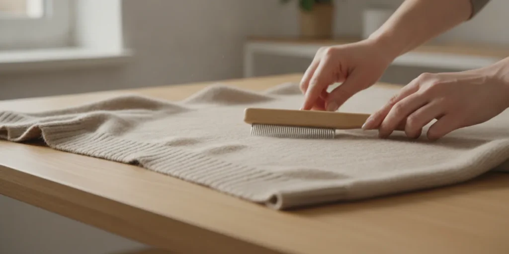 A person gently removing small fabric pills from a sweater laid flat on a table