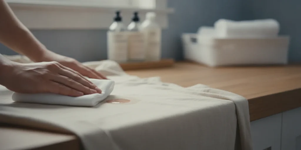 Hands gently blotting a small stain on a light-colored shirt with a clean white cloth