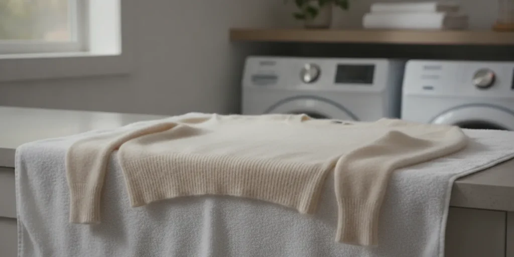 A cashmere sweater laid flat on a clean towel to dry