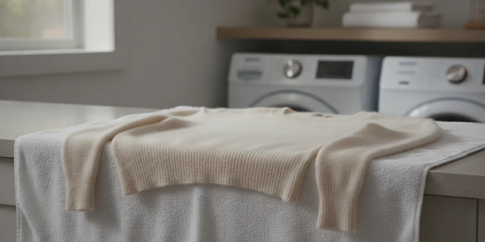 A cashmere sweater laid flat on a clean towel to dry