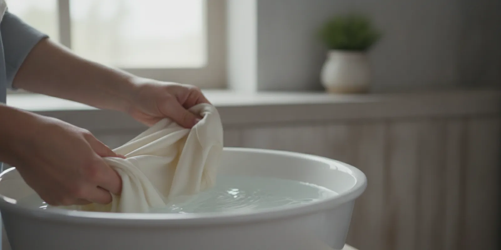 Hands gently washing a white silk garment in a basin