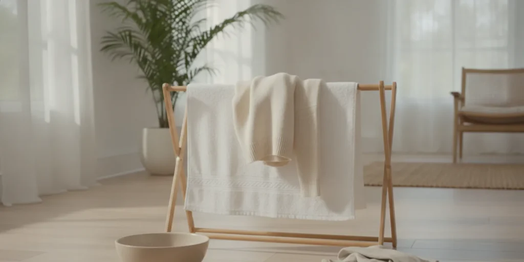 A folded wool sweater drying flat on a clean towel beside a care label